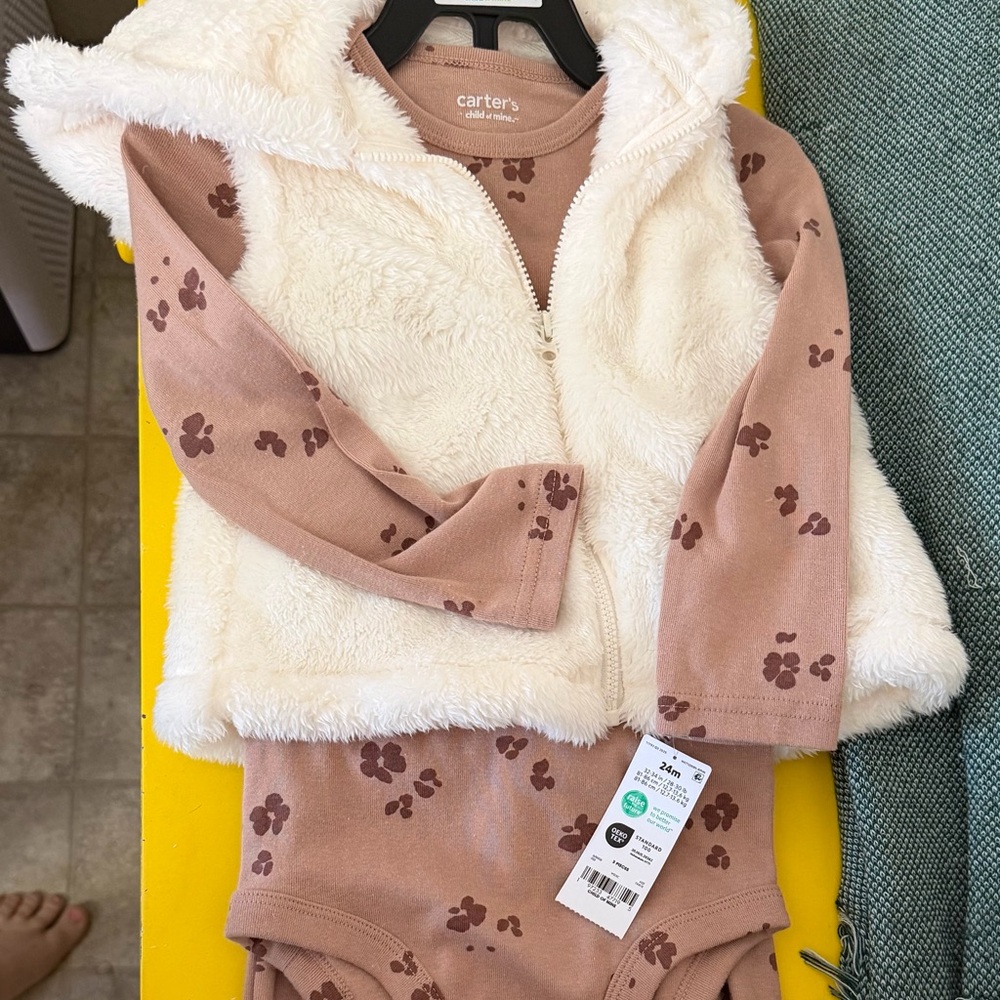 Child of Mine Cream Fleece Vest and Tan Bodysuit Set